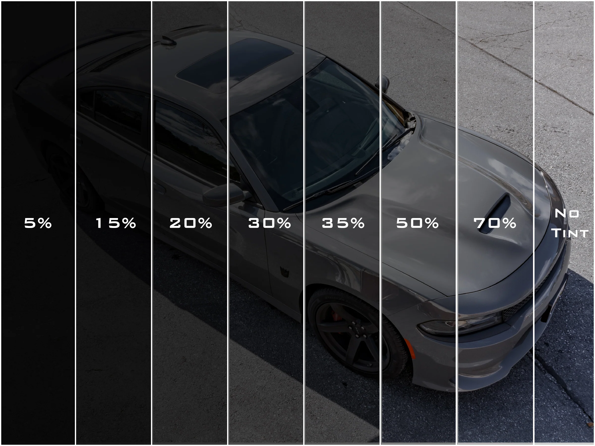 Window tint shade comparison from 5% to no tint